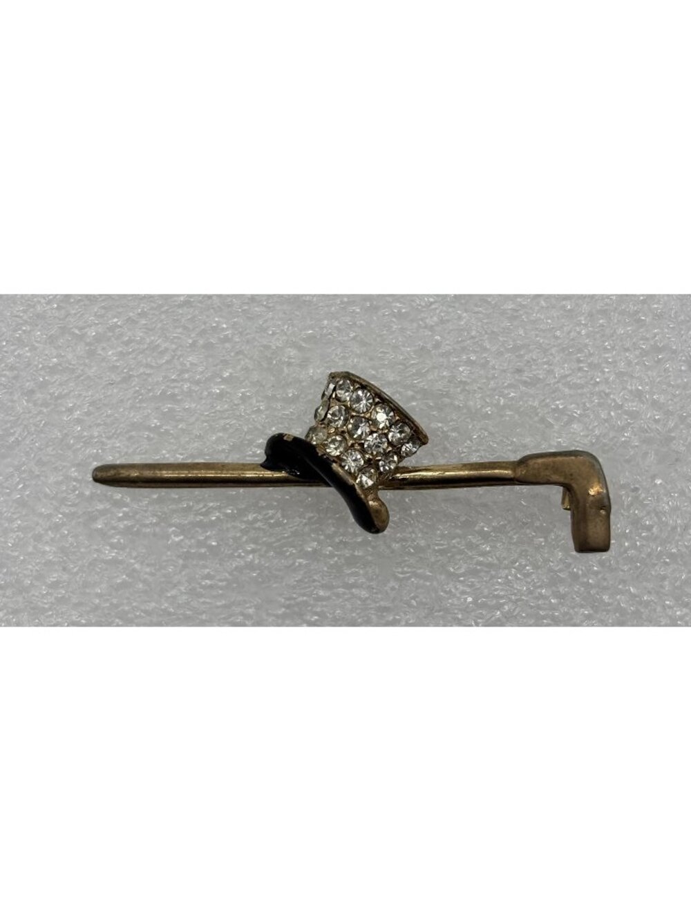 Vintage Top Hat and Cane Pin Gold Tone Black Enamel Pave Rhinestones Mid Century